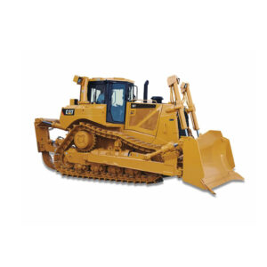 Tractor de orugas Caterpillar D8T amarillo con hoja semiuniversal y cabina ROPS trabajando en terreno rocoso.