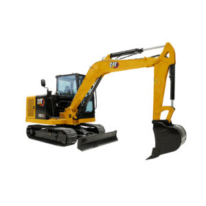 Excavadora compacta Caterpillar 305.5 amarilla con brazo hidráulico y cucharón, ideal para trabajos de construcción y movimiento de tierra.