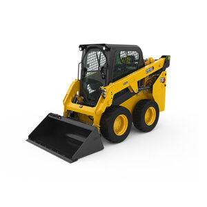 Minicargador Caterpillar 232D3 amarillo con brazos de levante vertical en un sitio de trabajo.
