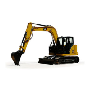 Excavadora Caterpillar 307.5 amarilla con brazo hidráulico y cucharón, diseñada para trabajos de construcción y movimiento de tierra.