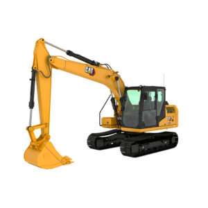 Excavadora Caterpillar 313 GC amarilla operando en un terreno de construcción, equipada con brazo hidráulico y cucharón.