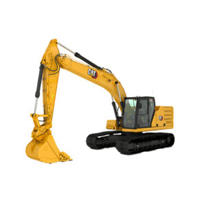 Excavadora Caterpillar 320 operando en un terreno de construcción, equipada con brazo hidráulico y cucharón.