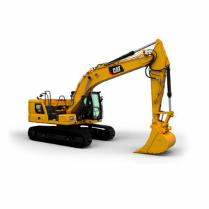 Excavadora Caterpillar 323 de color amarillo, equipada con brazo hidráulico y cucharón para trabajos de excavación y construcción.