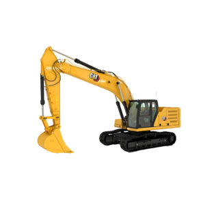 Maquinaria pesada Caterpillar 330 amarilla con brazo hidráulico y cucharón, destinada a trabajos de construcción y excavación.